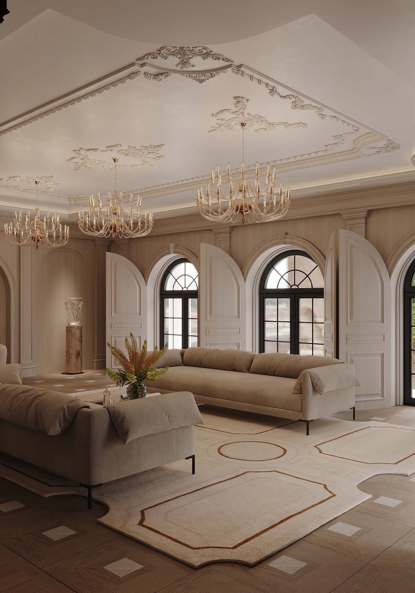 Room with ornamental plaster on the ceiling, chandeliers and tall arched windows