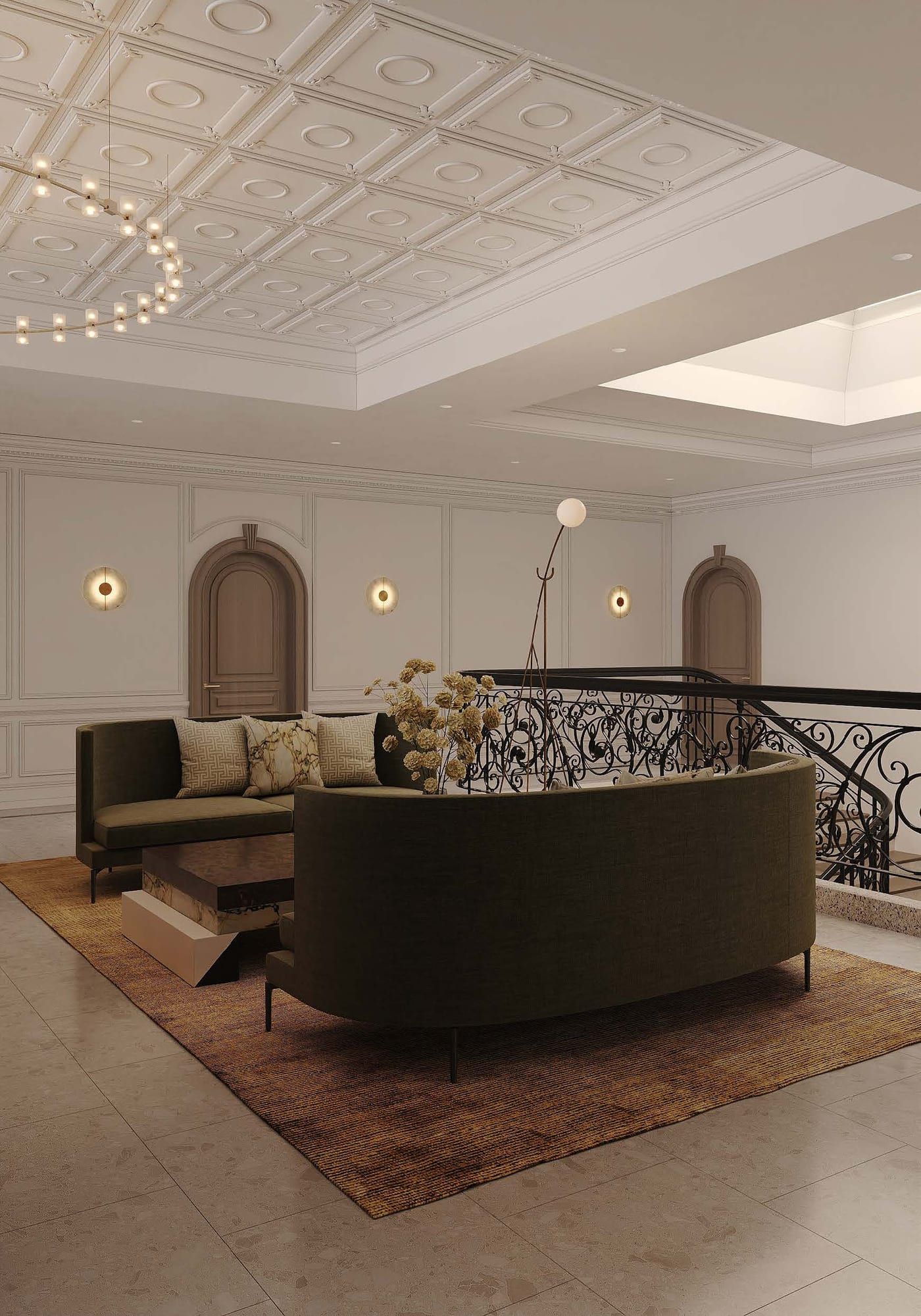 Upper gallery with a coffered ceiling, a curved iron balustrade and seating
